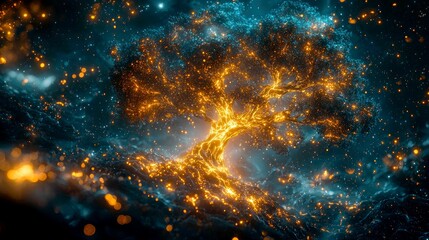 Wall Mural - luminous tree in cosmic night: a digital fantasy artwork
