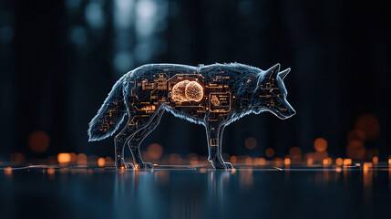 Fototapete - cybernetic wolf with transparent holographic body, showcasing intricate circuitry and glowing brain, symbolizes fusion of nature and technology
