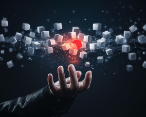 Poster - A hand manipulating floating 3D cubes in a digital network, symbolizing technology, innovation, and data manipulation. This image represents the concept of digital transformation.