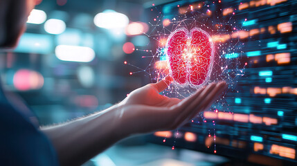 Leinwandbilder - Futuristic hand holding holographic brain, showcasing AI technology and innovation in healthcare. vibrant colors and digital elements create captivating atmosphere