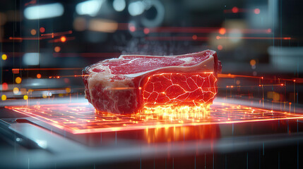 Aufkleber - Futuristic gourmet steakhouse featuring glowing steak on high tech surface, showcasing advanced culinary technology and innovation in food preparation