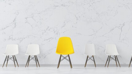 Poster - vibrant yellow chair among white chairs in minimalist room design