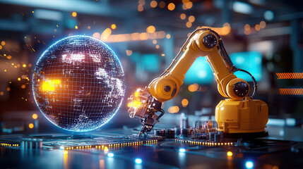 Aufkleber - High tech mechanical engineering workshop with advanced robotic arm interacting with digital globe. scene showcases innovation and technology in automation