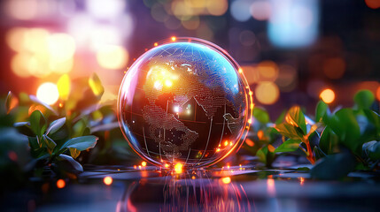 Leinwandbilder - holographic globe surrounded by greenery, symbolizing climate awareness and technology. vibrant lights create futuristic atmosphere, emphasizing environmental themes