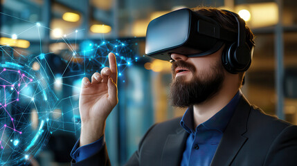 Poster - Immersive virtual reality experience with man using VR headset, interacting with digital elements. scene showcases advanced technology and innovation in modern environment