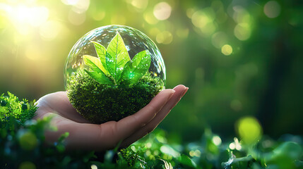 Poster - hand holding glass sphere with green leaves and moss symbolizes environmental sustainability and nature conservation. soft sunlight enhances serene atmosphere