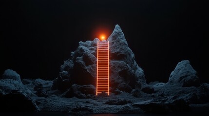 Poster - Ethereal Ladder with Glowing Orb on Mysterious Mountain Landscape