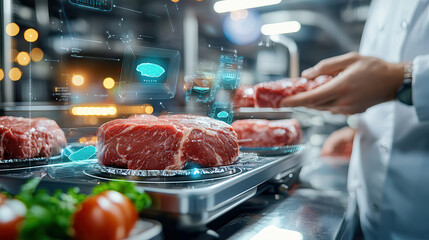 Poster - High tech meat processing with holographic monitoring and real time data analysis. image showcases raw meat on trays, emphasizing innovation in food technology