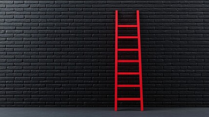 Poster - red ladder against black brick wall in minimalist design setting