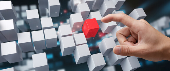 Poster - A hand placing a red puzzle piece into a 3D grid structure, symbolizing the process of problem-solving, innovation, and connecting ideas in a futuristic digital world.