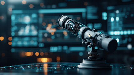 Fototapete - futuristic telescope on sleek surface, surrounded by digital displays and holographic data, represents next generation of astronomy technology