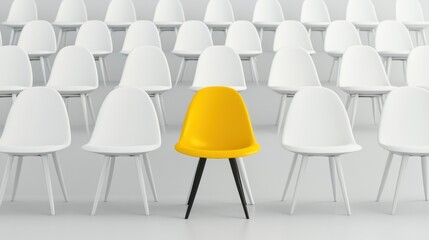 Poster - unique yellow chair among minimalist white chairs in a modern setting