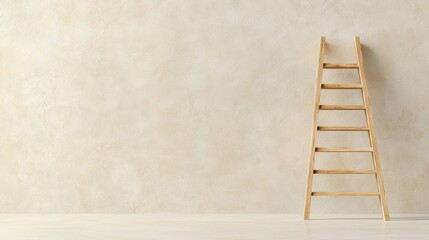 Poster - wooden ladder against minimalist beige wall in bright interior