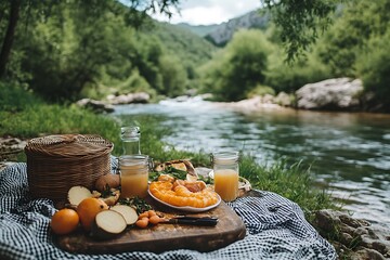 A serene riverside picnic featuring fresh fruits, juices, and a scenic green backdrop