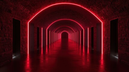Poster - Futuristic Red Neon Lights in Dark Tunnel with Brick Walls