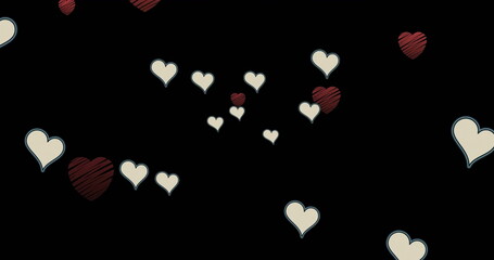 Wall Mural - Image of floating and falling hearts on black background