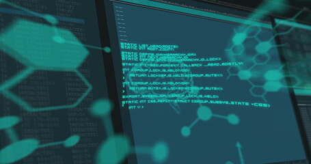 Wall Mural - image of molecules with digital brain over data processing on black background
