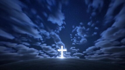 Poster - illuminated cross on hill under starry night sky, symbol of faith and peace concept