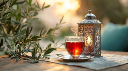 Poster - Inviting design captures a steaming cup of tea nestled beside a beautifully detailed lantern, complemented by fresh olive leaves. Perfect for Ramadan Kareem celebrations at dusk