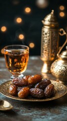 Aufkleber - Delight in the rich flavors of ramadan dates served with fragrant tea, beautifully displayed on an ornate plate, creating a serene atmosphere of celebration under the crescent moon