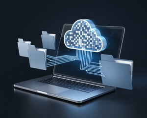 Poster - Modern cloud storage concept with data transfer. A laptop with folders being uploaded to a digital cloud network. Representing file management, cloud computing, and digital services.