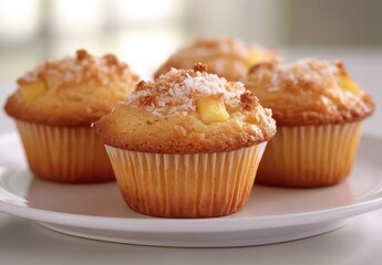 Wall Mural - Freshly Baked Coconut Topped Cupcakes Arranged on a White Plate with Soft Light Background Perfect for Culinary and Dessert Photography