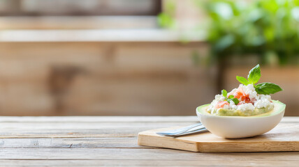 creative avocado and feta cheese dip served in bowl, garnished with herbs, on wooden table. fresh ingredients create vibrant and inviting dish