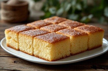 Wall Mural - Freshly Baked Golden Sponge Cake Squares on White Plate with Greenery in Background, Rustic Presentation, Perfect for Dessert or Celebration