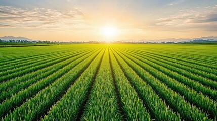 Poster - Wide-angle view of lush green rice fields with rows clearly visible, bathed in golden sunlight shining through clouds during sunset