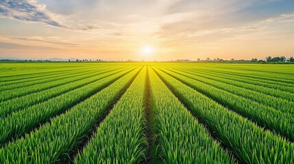 Poster - Wide-angle view of a green rice field under the setting sun, with rows and lines clearly visible in the grass as sunlight shines through the clouds