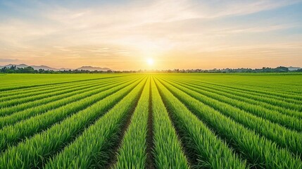 Poster - Wide-angle view of vibrant green rice fields under a setting sun, casting long shadows and filling the air with soft, golden light