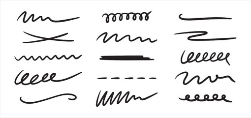 Poster - Set of hand drawn underlines. Abstract doodle lines, marker drawing stripes for design. Elements collection isolated on white background.