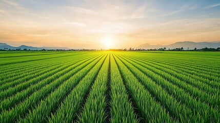 Poster - Vibrant green rice field stretches towards the horizon, bathed in the warm glow of a setting sun, creating a serene and expansive landscape