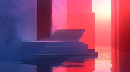 Poster - Stairway leading up to bright red and blue sky with curated voxel galleries by various artists