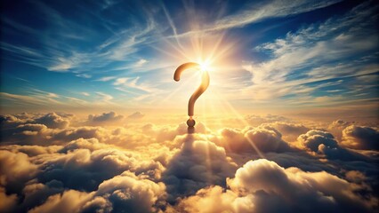 Wall Mural - A stylized question mark with a pointed tip falls from the sky, surrounded by clouds and sunlight, in a whimsical and dreamy atmosphere , atmospheric, surreal