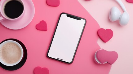 Poster - Minimalist Pink Workspace with Smartphone and Coffee Cup Still Life