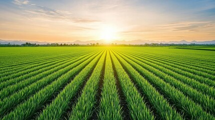 Poster - Vibrant green rice field stretching towards the horizon under a setting sun, creating a serene and expansive rural landscape with a colorful sky