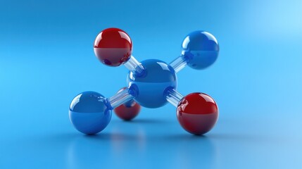 Poster - Molecular structure with blue and red spheres on a blue background