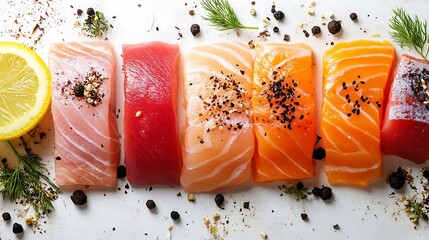 Wall Mural - Colorful raw fish fillets, lemon, herbs, spices.  Food photography for recipe, menu, or blog