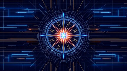 Poster - Futuristic Digital Compass with Glowing Blue Lines and Particles on Dark Background
