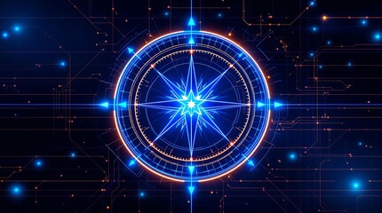 Poster - Futuristic Digital Compass with Glowing Blue Lines and Particles on Dark Background