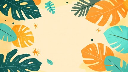 Wall Mural - Vibrant tropical leaves frame a pastel background showcasing a cheerful summer aesthetic. AI Generated