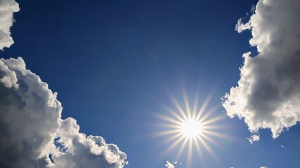 Poster - Bright sun shining through clouds in blue sky, serene nature concept