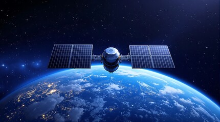 Poster - Satellite Orbiting Earth Transmitting Digital Signals in Futuristic Space Technology Concept