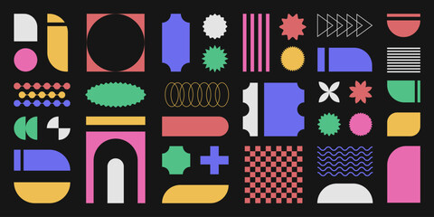Poster - Abstract retro shapes, basic brutal forms and figures in Y2K aesthetics, vintage stickers, logos, labels. Decorative design elements, vector illustration.
