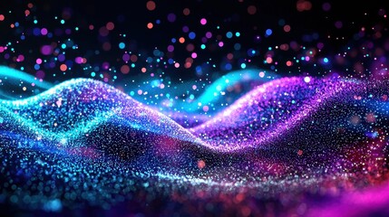 Aufkleber - Vibrant digital design featuring glowing particles, waves, and bokeh lights in blue and purple hues on a dark background, ideal for tech concepts