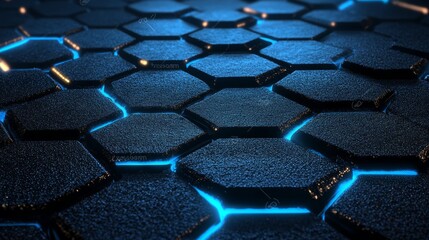 Poster - Dark Hexagon Grid, Cyberpunk Background with Glowing Blue Neon Lines, Abstract Technology Concept