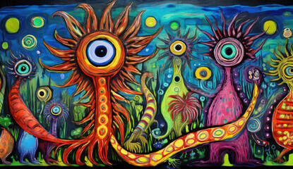  A surrealist oil painting featuring bizarre, vibrant creatures in a nightmarish dreamscape.
