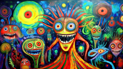 Wall Mural - Vivid and bizarre nightmare creatures populate this surrealist painting, a colorful vision of the uncanny.