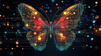 Poster - A stylized butterfly made of digital particles, representing the journey of digital transformation in a high-tech design.